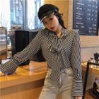 Striped Tie-neck Bell-sleeve Blouse Stripe - One Size