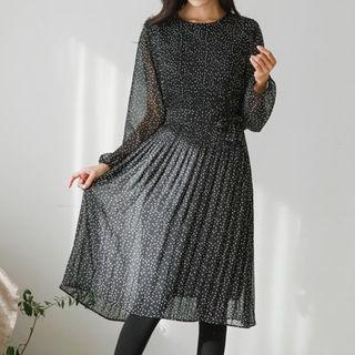 Polka-dot Pleated Chiffon Dress With Sash