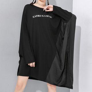 Lettering Asymmetric Long-sleeve T-shirt Dress Black - One Size