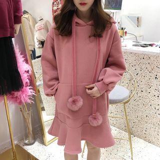 Pom Pom Ruffle Hem Hoodie Dress