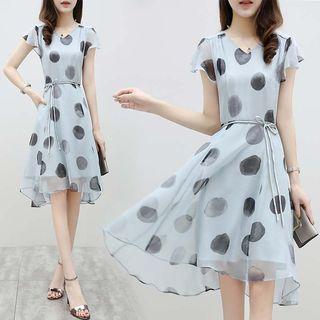 Spot Print Short-sleeve A-line Chiffon Dress