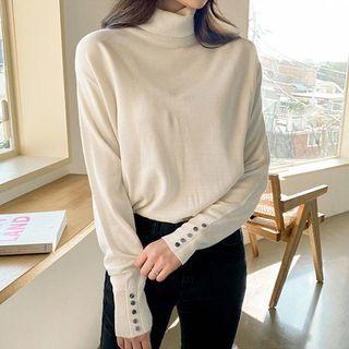 Plus Size Turtle-neck Button-cuff Colored Knit Top