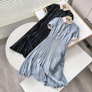 Short-sleeve Collar Contrast Trim Midi A-line Dress