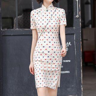 Short-sleeve Dotted Lace Mini Qipao