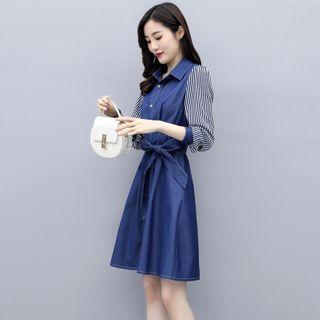 Long-sleeve Striped Panel Denim A-line Shirtdress