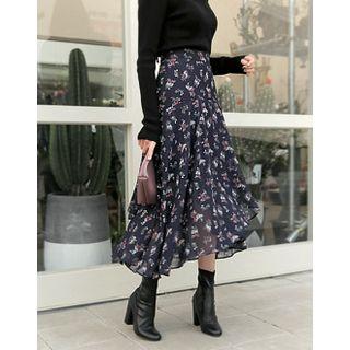 Asymmetric-hem Flower Pattern Chiffon Long Skirt