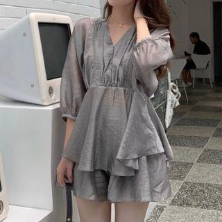 Puff-sleeve Ruffled Plain Blouse / High-waist Plain Shorts