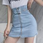 Belt-waist Denim Skirt