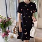 Set: Round-neck Embroidered Dress + Slipdress Black - One Size