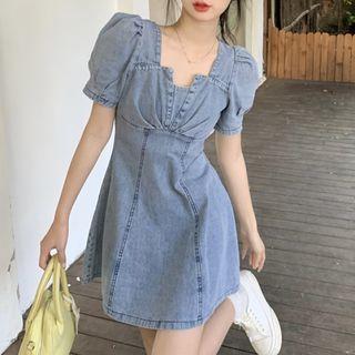 Short-sleeve Washed Denim Mini A-line Dress
