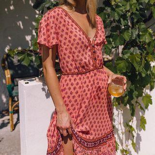 Short Sleeve V-neck Ruffled Maxi Dress