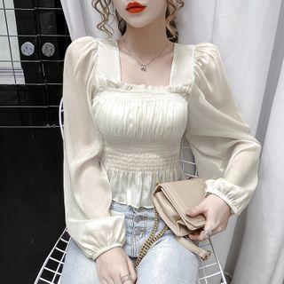 Long-sleeve Square-neck Chiffon Shirred Crop Top