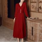 Long-sleeve V-neck Faux Pearl Midi A-line Dress