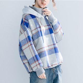 Mock Neck Plaid Boxy Hoodie