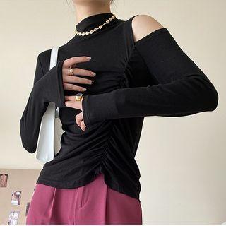Long-sleeve Cold-shoulder Mock-neck Top