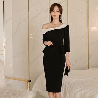 3/4-sleeve Cold-shoulder Midi Sheath Dress
