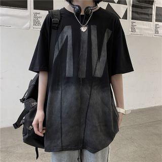 Elbow-sleeve Gradient Letter Print T-shirt