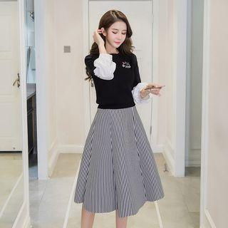 Set: Sequined Color Panel 3/4 Sleeve Top + Striped Midi Skirt