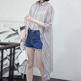 Set: 3/4-sleeve Dip-back Striped Shirt + Camisole Top