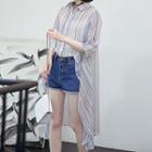 Set: 3/4-sleeve Dip-back Striped Shirt + Camisole Top