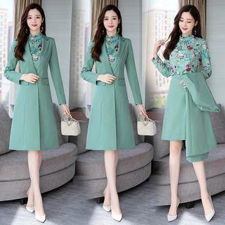 Set: Printed Blouse + Plain A-line Skirt + Single-button Coat