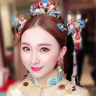 Set: Wedding Retro Headpiece + Hair Stick + Hair Comb + Fringed Earring Set - One Size