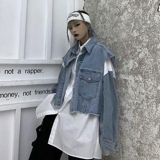 Denim Panel Oversize Shirt / Cropped Denim Vest
