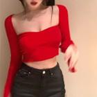 Square Neck Knit Crop Top Red - One Size