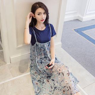 Set: Plain Short Sleeve T-shirt Dress + Floral Print Spaghetti Strap Chiffon Dress