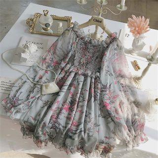 Ruffle Trim Floral Long-sleeve Mini A-line Dress