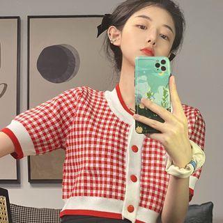 Short-sleeve Plaid Cropped Knit Top