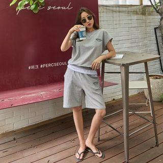 Set: Layered Hem Top + Letter Embroidered Sweat Shorts
