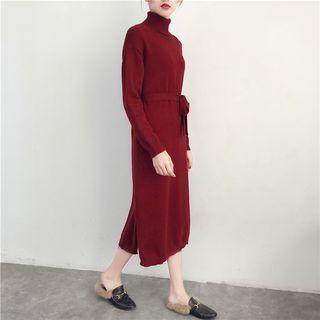 Turtleneck Midi Knit Dress With Sash