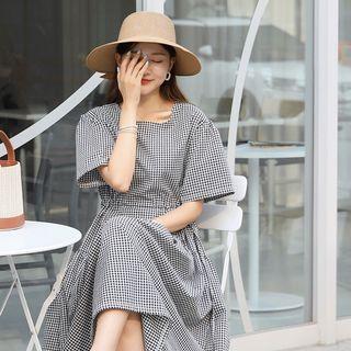 Tie-side Shirred Gingham Long Dress