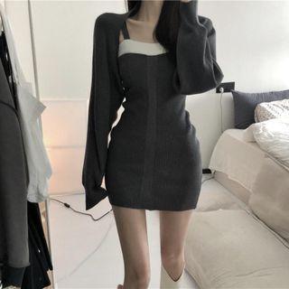 Spaghetti-strap Mini Sheath Dress / Knit Shrug