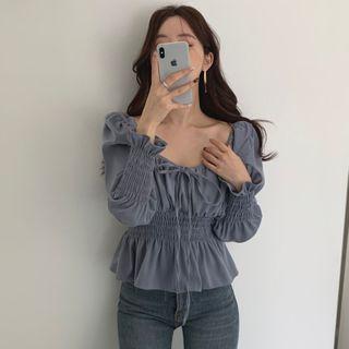 Wide Crewneck Lace Up Bell Sleeve Ruched Top