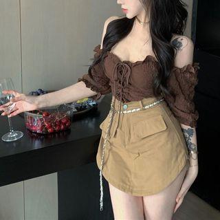 Off-shoulder Lace Up Blouse / Asymmetrical Mini Pencil Skirt