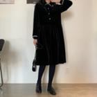 Long-sleeve Collared Midi A-line Velvet Dress Black - One Size