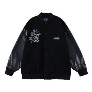 Faux Leather Sleeve Lettering Jacket