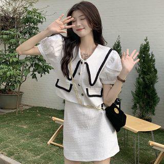 Set: Puff-sleeve Contrast Trim Blouse + Mini A-line Skirt