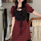 Puff-sleeve Plaid Lace Up Mini A-line Dress