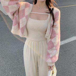 Argyle Cropped Cardigan / Knit Camisole Top / Drawstring Wide-leg Pants