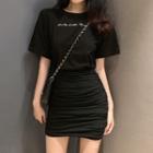 Mock Two-piece Short-sleeve Lettering Shirred Dress