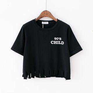 Lettering Fringed Hem Cropped Short Sleeve T-shirt