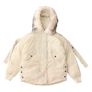 Furry Hood Drawstring Padded Zip Jacket Almond - One Size