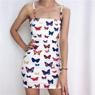 Spaghetti Strap Mini Butterfly Print Dress