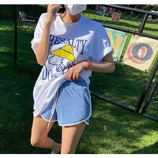 Round-neck Printed Oversize Top / High-waist Two Tone Shorts White Top + Blue Shorts - One Size