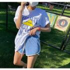 Round-neck Printed Oversize Top / High-waist Two Tone Shorts White Top + Blue Shorts - One Size