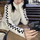 Long-sleeve Turtleneck Check Knit Top