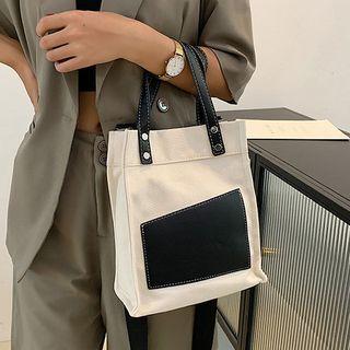 Faux Leather Panel Mini Canvas Tote Bag